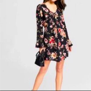 Xhilaration Black Floral V-Neck Long Sleeve Mini Dress medium